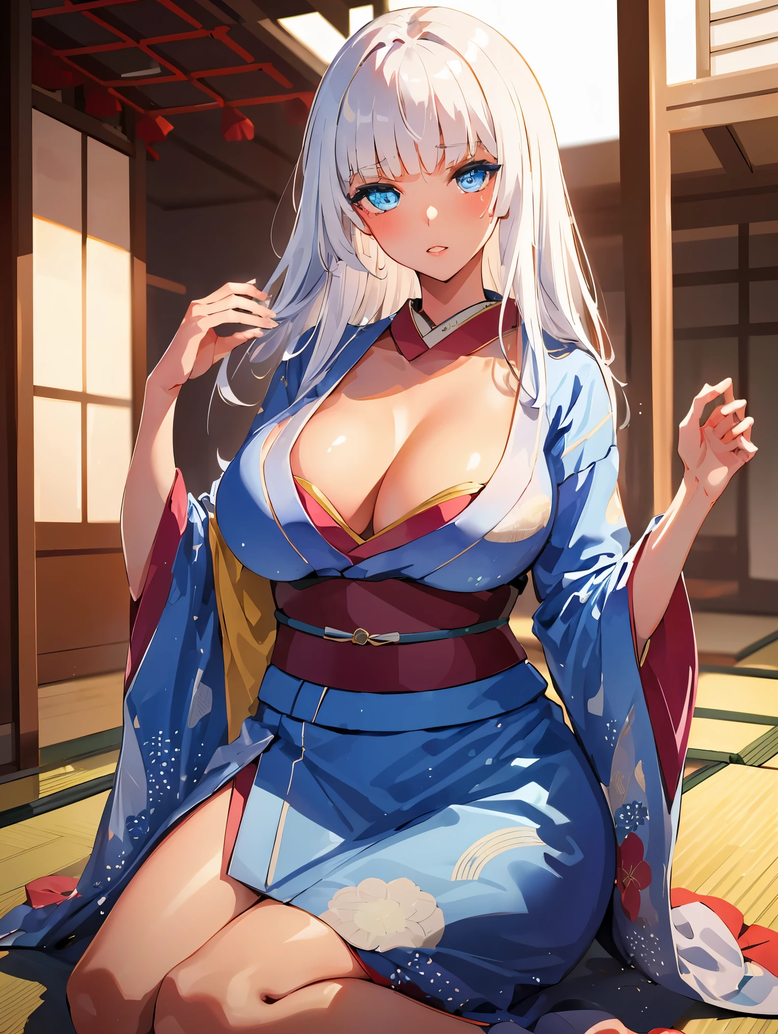 liliana 1girl, solo, long hair, looking at viewer, bangs, blue eyes, white hair, dark skin, blunt bangs, dark-skinned female,
BREAK ((Blue Yakata,kimono,japanese clothes:1.5))
BREAK poses in a miniskirt, and unbuttoned blouse, very sexy , (cleavage in V:1.3),
BREAK (masterpiece:1.2), best quality, high resolution, unity 8k wallpaper, (illustration:0.8), (beautiful detailed eyes:1.6), extremely detailed face, perfect lighting, extremely detailed CG, (perfect hands, perfect anatomy),