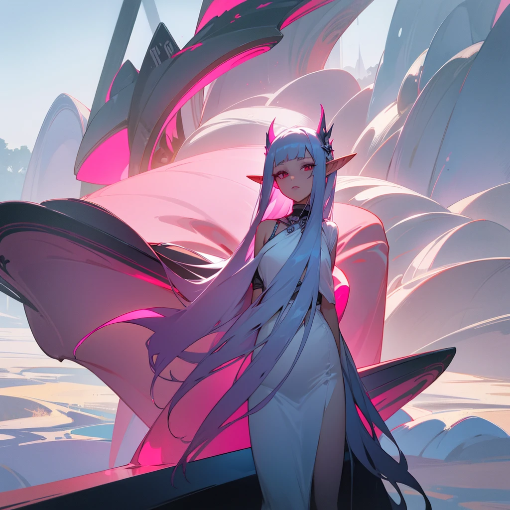 A mature woman with long silver hair and straight bangs,elf ear,red eye,wearing a pink sexy fancy dress,scenery is beautiful behind her, aesthetic art