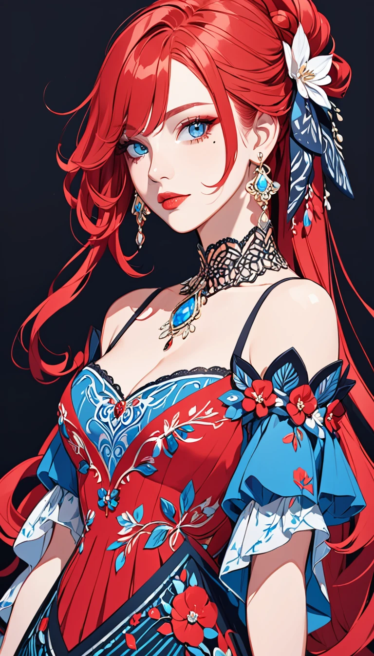 a stylized art of a woman in a pretty dress with red hair, 1girl, solo, jewelry, earrings, blue eyes, looking at viewer, mole, black background, red hair