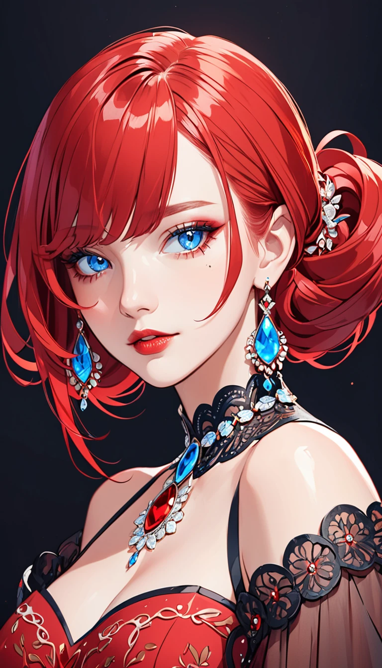 a stylized art of a woman in a pretty dress with red hair, 1girl, solo, jewelry, earrings, blue eyes, looking at viewer, mole, black background, red hair
