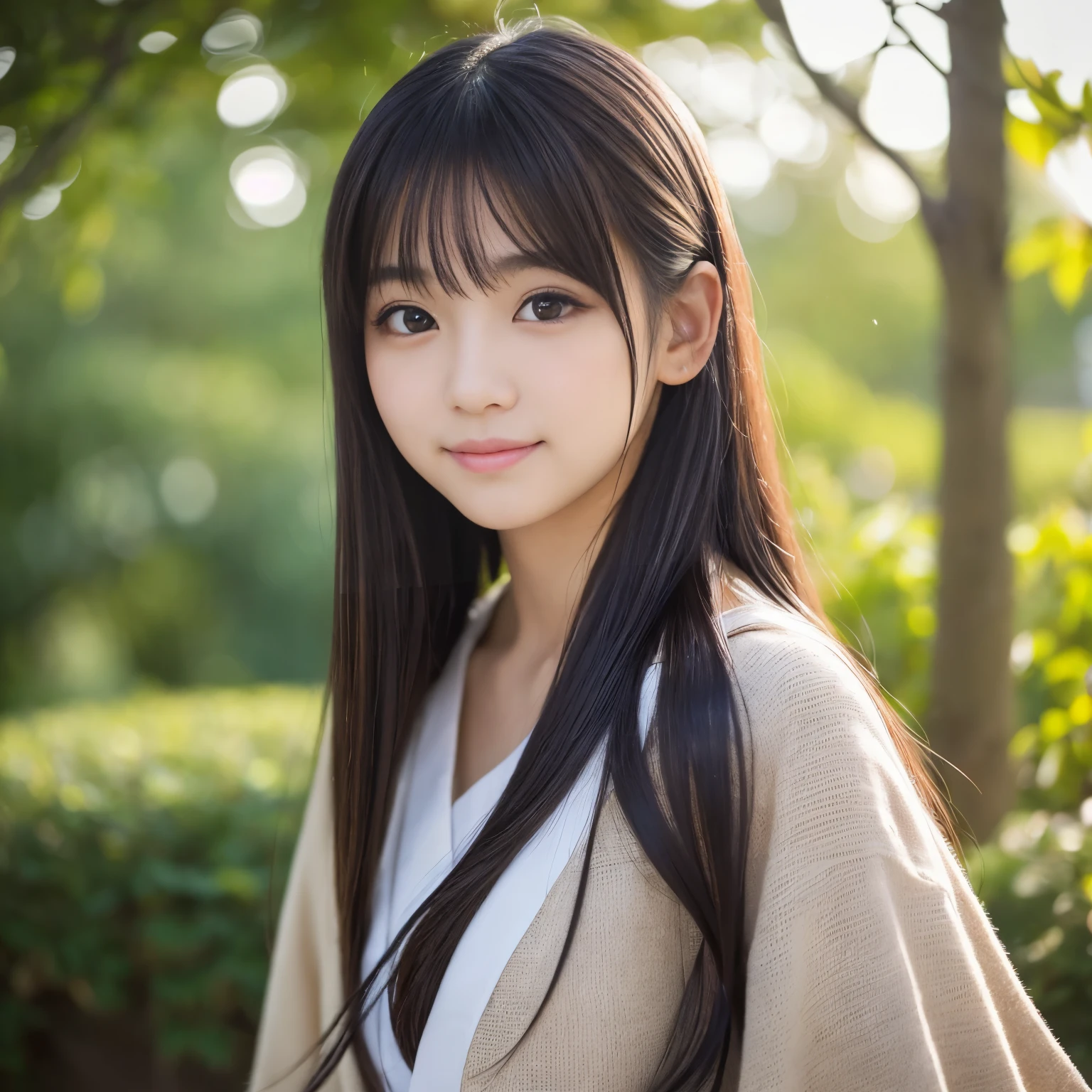 (Best-quality, Masterpiece, Ultra-High-Resolution, (Photorealistic:1.4), Raw Photo, depth of field, professional lighting, perfect anatomy, extremely details), 1girl, 15-years-old, the most famous Japanese idol, looking at viewer, innocent smile, (((extremely beautiful and extremely realistic skins))), (((extremely cute and extremely big black-eyes))), ((extremely cute face like the most popular Japanese idol)), (extremely cute long-eyelashes), (extremely cute lips)