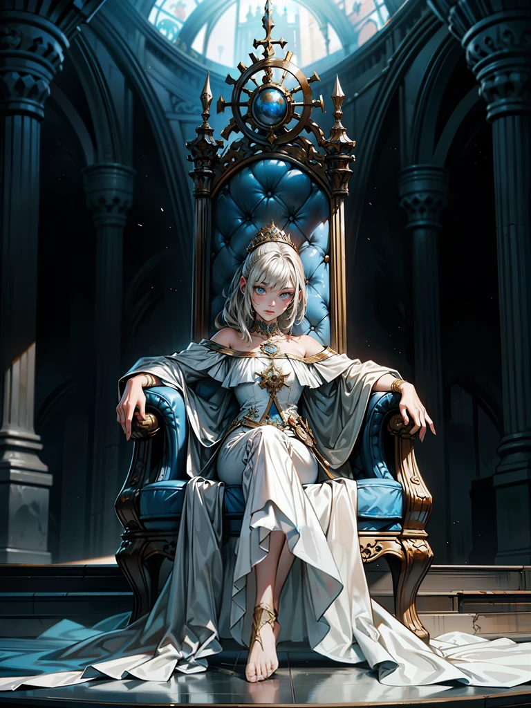 Girl on the castle throne, Detailed full body portrait, Mandy Jurgens (Mandy Jurgens) Realistic paintings created, Figurative Art, A detailed description, Realistically, A work of art, contour, Crossed feet