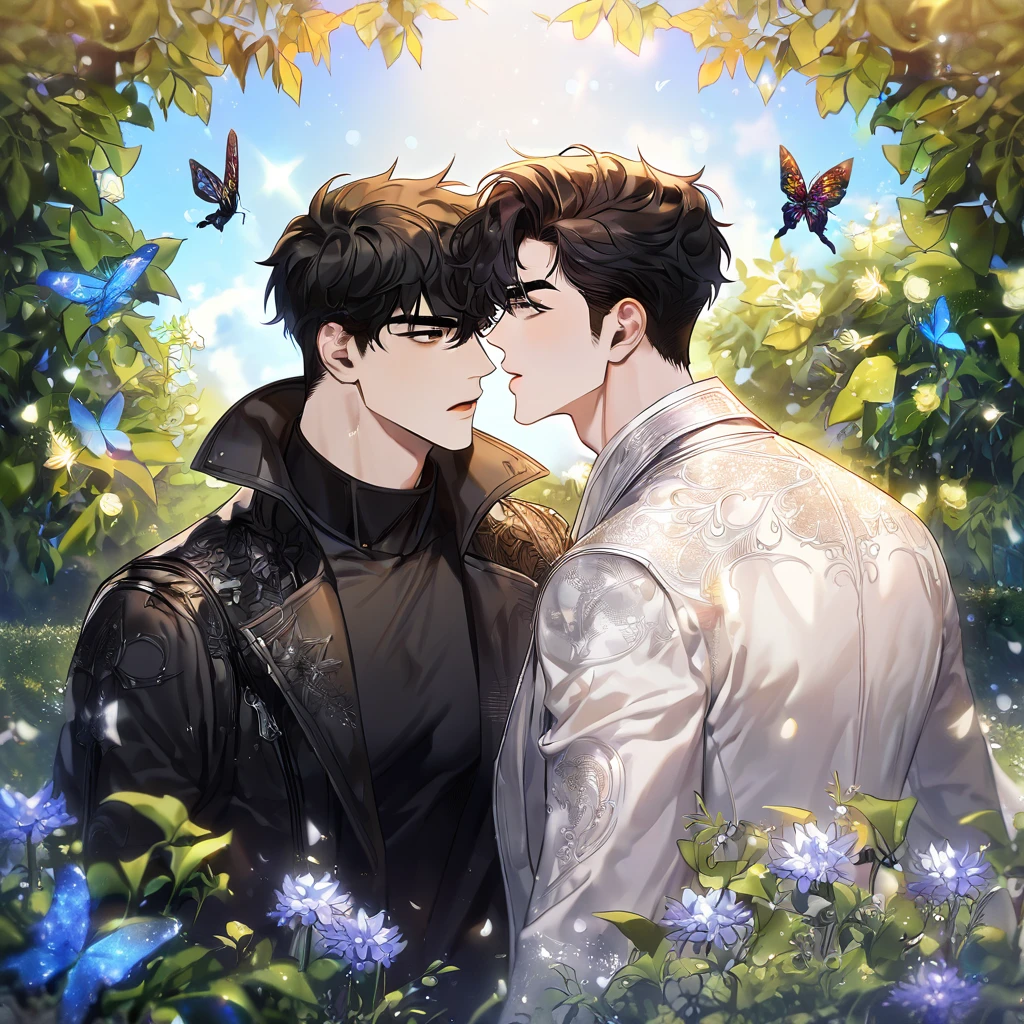 absurdres, highres, ultra detailed, HDR, master piece, best quality, extremely detailed face, delicated features, Yoo Joonghyuk, black hair, expressive gray eyes, Omniscient Reader's Viewpoint, Kim Dokja, black hair, expressive brown eyes, two sexy men together, yaoi, gay couple,handsome, black coat, white coat, fantasy, magical, butterflies, summer, green leaves, flowers, garden, blue sky, joongdok