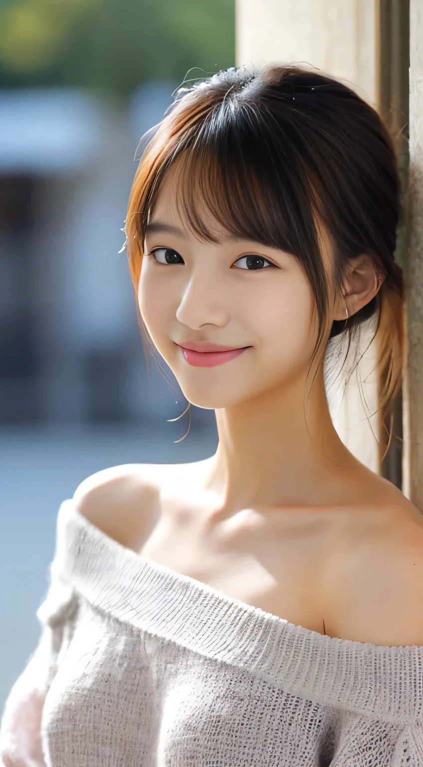 masterpiece,best quality,(Japanese girl),((Beautiful girl)),cleavage,(off shoulder:1.2),(perfect body beauty:1.2),(shy smile),From slightly above,