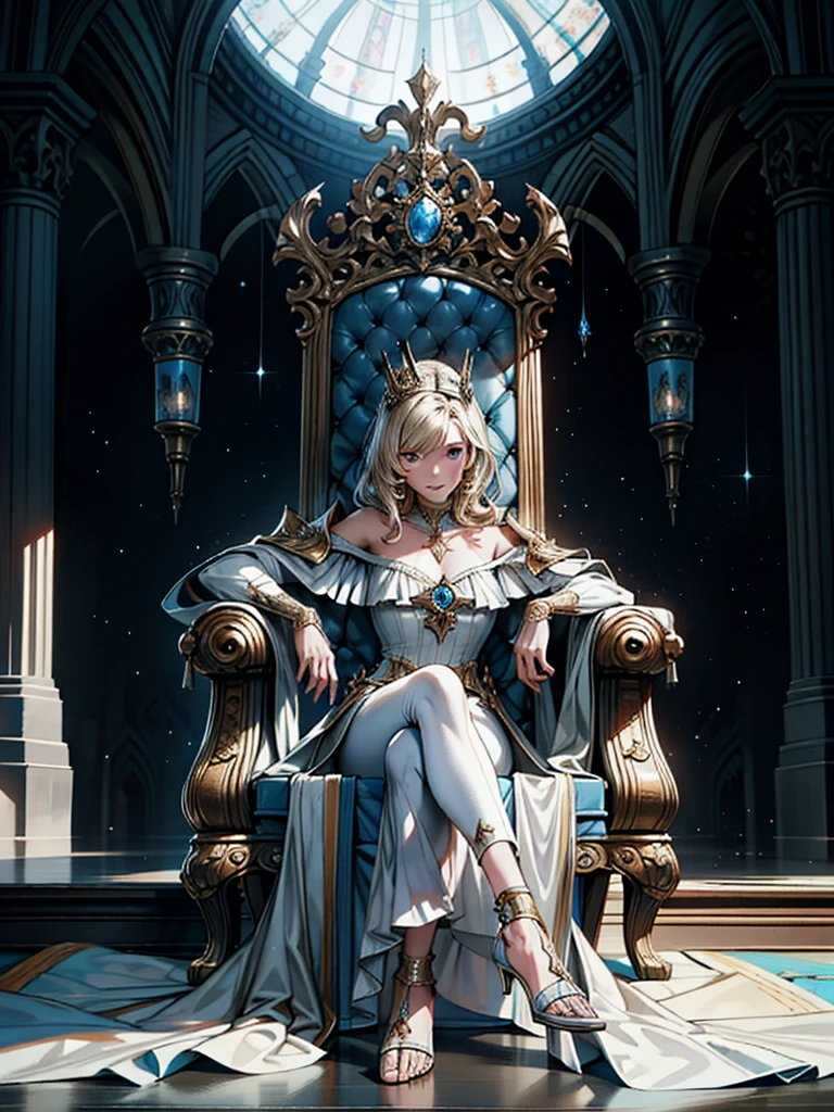 Girl on the castle throne, Detailed full body portrait, Mandy Jurgens (Mandy Jurgens) Realistic paintings created, Figurative Art, A detailed description, Realistically, A work of art, contour, Crossed feet