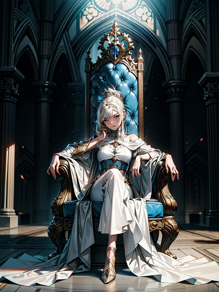 Girl on the castle throne, Detailed full body portrait, Mandy Jurgens (Mandy Jurgens) Realistic paintings created, Figurative Art, A detailed description, Realistically, A work of art, contour, Crossed feet