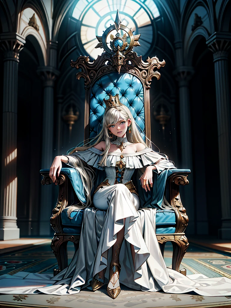 Girl on the castle throne, Detailed full body portrait, Mandy Jurgens (Mandy Jurgens) Realistic paintings created, Figurative Art, A detailed description, Realistically, A work of art, contour, Crossed feet