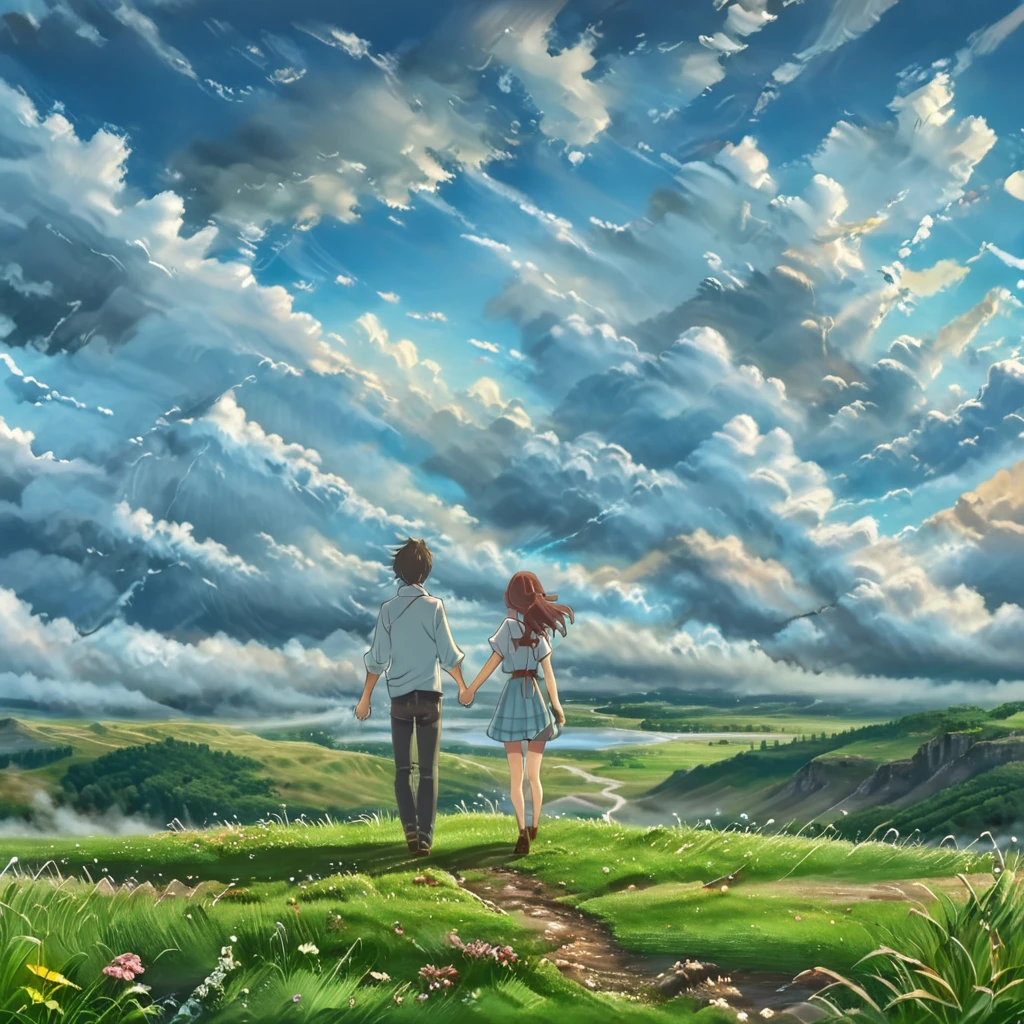 Masterpiece, Top Quality, Best Quality, Ultra-Detailed, Absolutely Resolution, 16k, HIGH RES, anime landscape, beautiful hair, boyfriend girlfriend holding hands, looking at clouds, in a grassland, creative, realist, white clouds, blue sky, landscape amazing, guy looking away from camera, wide photograpy, sky wide, blue clouds