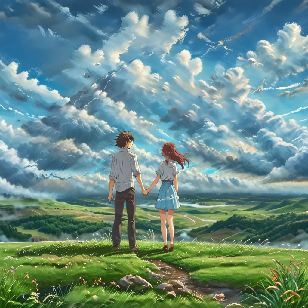 Masterpiece, Top Quality, Best Quality, Ultra-Detailed, Absolutely Resolution, 16k, HIGH RES, anime landscape, beautiful hair, boyfriend girlfriend holding hands, looking at clouds, in a grassland, creative, realist, white clouds, blue sky, landscape amazing, guy looking away from camera, wide photograpy, sky wide, blue clouds