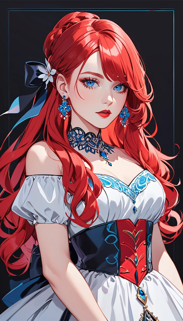 a stylized art of a woman in a pretty dress with red hair, 1girl, solo, jewelry, earrings, blue eyes, looking at viewer, mole, black background, red hair