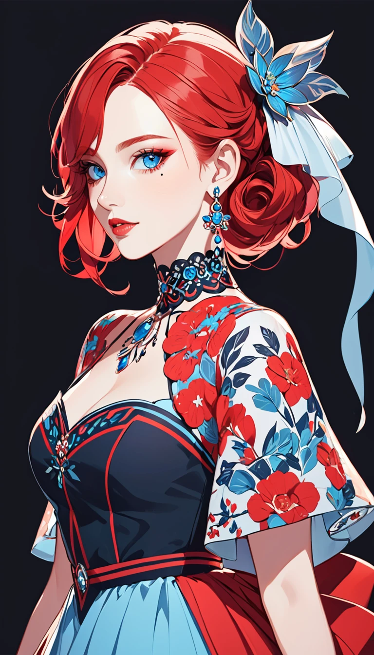 a stylized art of a woman in a pretty dress with red hair, 1girl, solo, jewelry, earrings, blue eyes, looking at viewer, mole, black background, red hair
