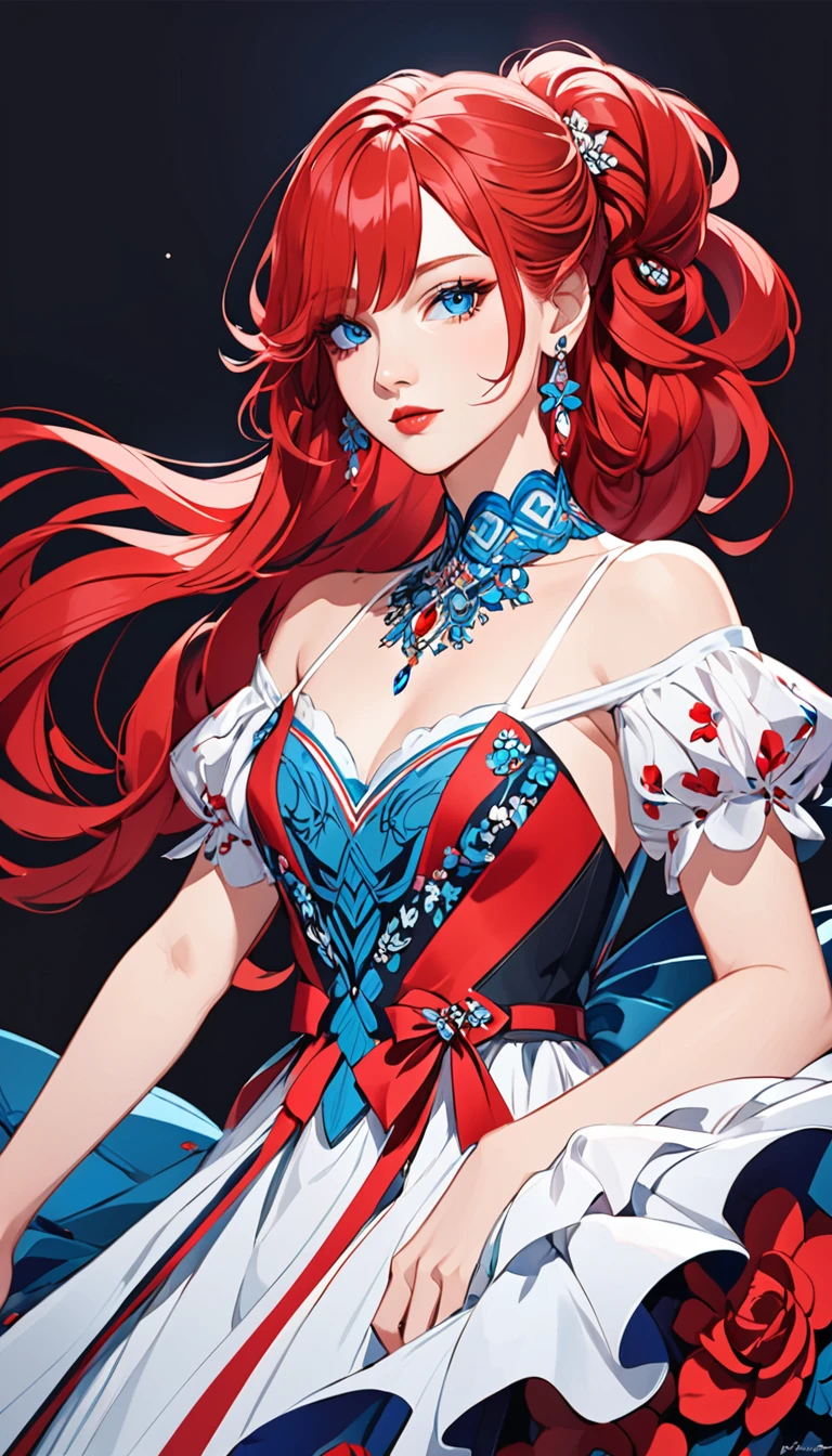 a stylized art of a woman in a pretty dress with red hair, 1girl, solo, jewelry, earrings, blue eyes, looking at viewer, mole, black background, red hair