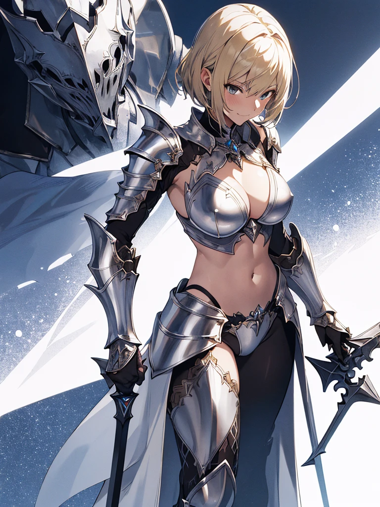 Close-up photo of a woman in armor, Bikini Armor Female Knight, Bikini Armor, Girl in Armor, Otherworld fantasy game characters,Slender figure,Cleavage,belly button,Blonde Hair,Flushed Cheeks,Embarrassed smile,Bikini Armor, Bikini Armor, glossy White Armor, ornate Bikini Armor, thick装甲, thick, Kschaert Krentz Key Art Feminine, Female Knight, shiny silver armor, White Armor, Pale black armor, Highly detailed art gems,Dynamic Angle