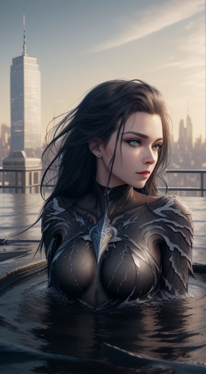 8 k art photography shot art shot, hyperrealistic, hyperdetailed, super detailed, uhd, uhd, 8 k, high resolution, a fallen angel in black fluid simulation, painting by (ross tran:0.56) and ivan aivazovsky, black water, black water, black water, black water white color bleed painting, detailed background, hyper realistic photo 3D rendered model human face human model manhattan skyline in architecture, architecture industrial cyberp