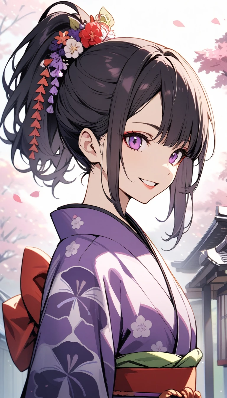 Kyoto, High resolution, Highest quality, 1 girl solo, smile, kimono, Black Hair, Purple highlights, ponytail