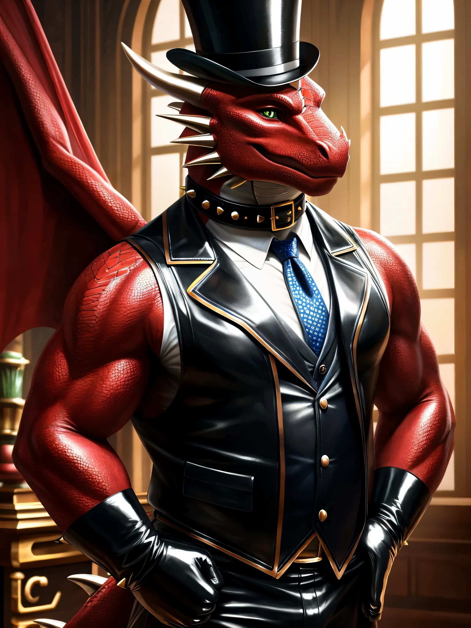 (high quality,4k,8k,highres,masterpiece:1.2),ultra-detailed,(realistic,photorealistic,photo-realistic:1.37),pixiv masterpiece,(intricate details), captivating artwork, artistically rendered, masterful strokes, attention to detail, tasteful composition, alluring charm, careful shading, great attention to anatomy, meticulous rendering, impeccable craftsmanship, vivid colors, perfect balance between realism and fantasy, An extremely obese Anthropomorphic Dragon wearing steampunk clothing and a sleek glossy leather dog collar around his neck with small studs around the collar. The leather collar is glossy and extremely detailed. The Dragon is also wearing glossy white latex examination gloves on his hands and feet which compliments his dapper attire. The Dragon takes pride in his attire by wearing his leather collar and rubber gloves at the same time as leather vest and tie. The Dragon is showing a sense of authority by clenching his fists and showing off his dapper attire. The Dragon is a boss of his office and is showing a sense of authority. The Dragon's dapper attire also consists of a leather vest with buttons and a shirt with buttons as well. The Dragon is also wearing a glossy top hat on his head to demonstrate his class and wealth. The Dragon's white rubber gloves are glossy and shiny as well as his leather collar which is adorned with a shiny buckle on the collar. The Dragon is wearing his dapper steampunk attire and his leather collar and rubber gloves at the same time as he is wearing a leather vest and shirt with buttons.