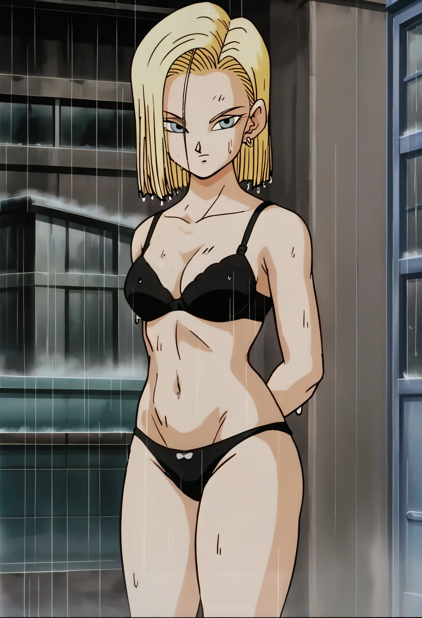source_anime, score_9, score_8_up, score_7_up, anime screencap,
detailed face, retro artstyle, 1990s \(style\), android 18, classic look, 1girl, solo, looking at viewer, short hair, blue eyes, blonde hair, collarbone, fire, smoke, ruined city, wet hair, rain, standing up, ((panties)), ((bra)), ((thick thighs)), ((nude))