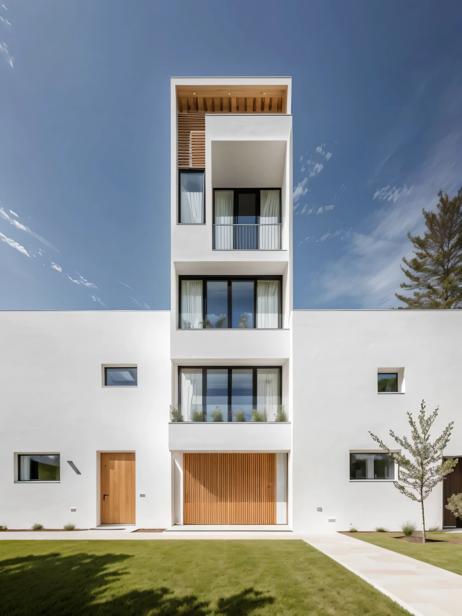 1 architecte moderne, main material by white wall and wood, 1 large courtyard, 1 road passes in front of the house,  (photo brute, Real, best quality, head of&#39;artwork:1.2), avoir l&#39;modern and minimalist look, 1 route devant la maison, Dynamic lighting:1.3, (hyper Realistic, photo-Realistic:1.2), high quality, (dark lighting:1.2), perfect lighting, archaic, Aucun humain
