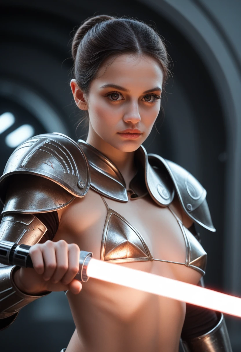 a female jedi in star wars, holding a glowing lightsaber, detailed face, beautiful eyes, long eyelashes, detailed intricate armor that resembles a tiny y bikini, sci-fi, epic, cinematic lighting, dramatic shadows, high contrast, vibrant colors, 8k, hyper detailed, masterpiece