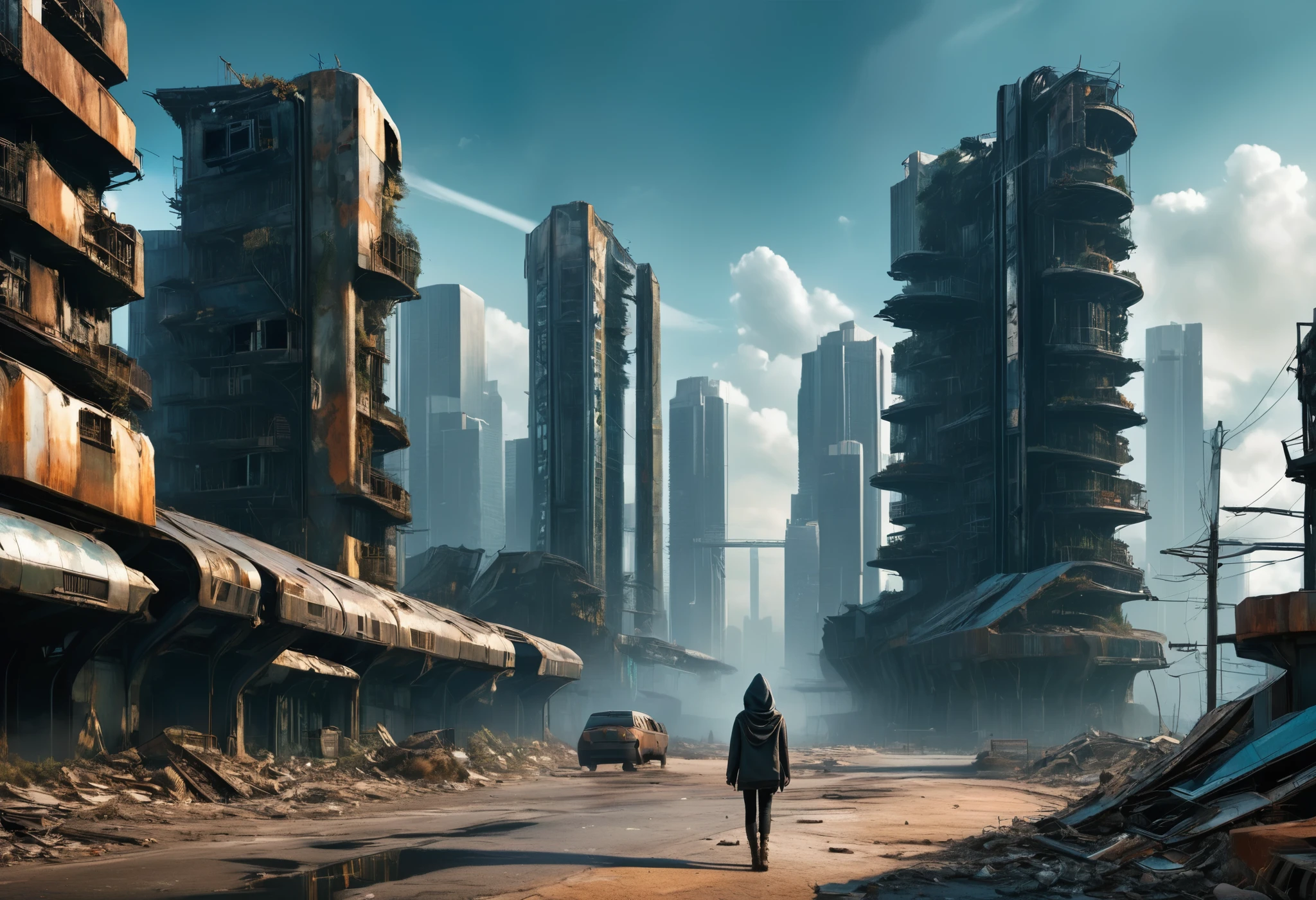 image taken of a girl wearing a hoodie and short, torn dirty clothes, She is wandering among the buildings of an abandoned, ultra-futuristic North American megalopolis city, nuclear apocalypse environment, the dystopian city, has many tall, dystopian metal buildings and dark-colored houses in ruins on the horizon, paved and dirty uphill street with debris fallen from buildings, environment from dark blue to black, the city has shades of metal gray, has smoky metal structures, there is a viaduct bridge on wide pillars, ultrafuturistic industrial environment with smoke and fog around, dark rusty dirty cars on the streets, desert megalopolis, has abandoned metal rusty modern train and rails among the city streets, futuristic tall buildings with broken glass and rounded rusty and dilapidated metal, tall poles fallen to the ground in the street, many ultramodern buildings around, as realistic as possible, as detailed as possible, Science fiction, there are 2 planets in the sky through the dense atmosphere
