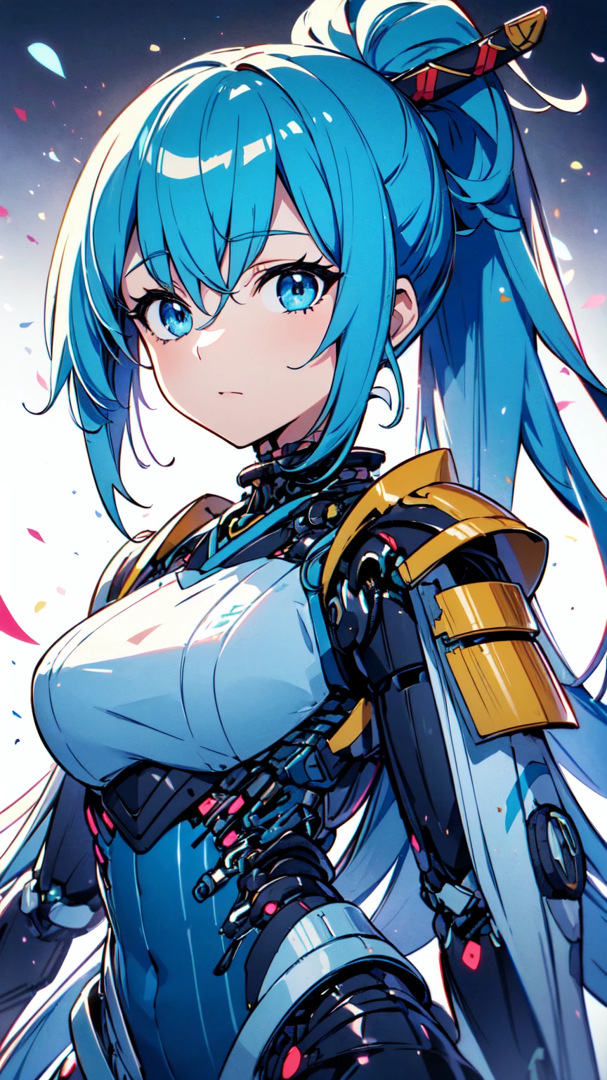 (Official Art, Top Quality, Unity 8k Wallpaper, 32K, Masterpiece, Highly Detailed, High Resolution, Perfect Anatomy),(Natural Soft Light:1.2), Beautiful Face and Eyes in Detail, 20 Year Old Beauty, Adult Woman, ((ponytail)), Hatsune Miku VOCALOID, Light blue hair, Light blue eyes, Twin tails, Dashing Face, horns of a demon, ((Samurai Girl)), ((Japanese Armor Warrior)), ((SAMURAI armor)), (cybernetic leotard ), Masterpiece, Top Quality, Ultra-Detailed, Dignified Face, Noise Reduction, Anime Visual, Heavy cybernetic leotard, sci-fi, Good_Face: 0.8,Samurai