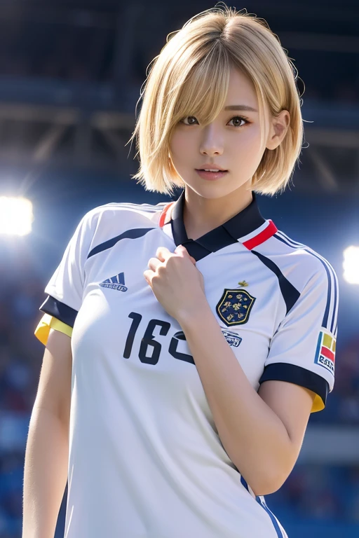 Soccer Uniforms、(Highest quality, High resolution, Realistic, to be born, 8k,masterpiece, ),(Audience friendly)、Shoot from the front、Highest quality, masterpiece8k.High resolution. High resolutionabsurdres:1.2,Lens flare, (Bright colors:1.2), (delicate), (Sensual)、Japanese、blonde、short hair、Black choker
