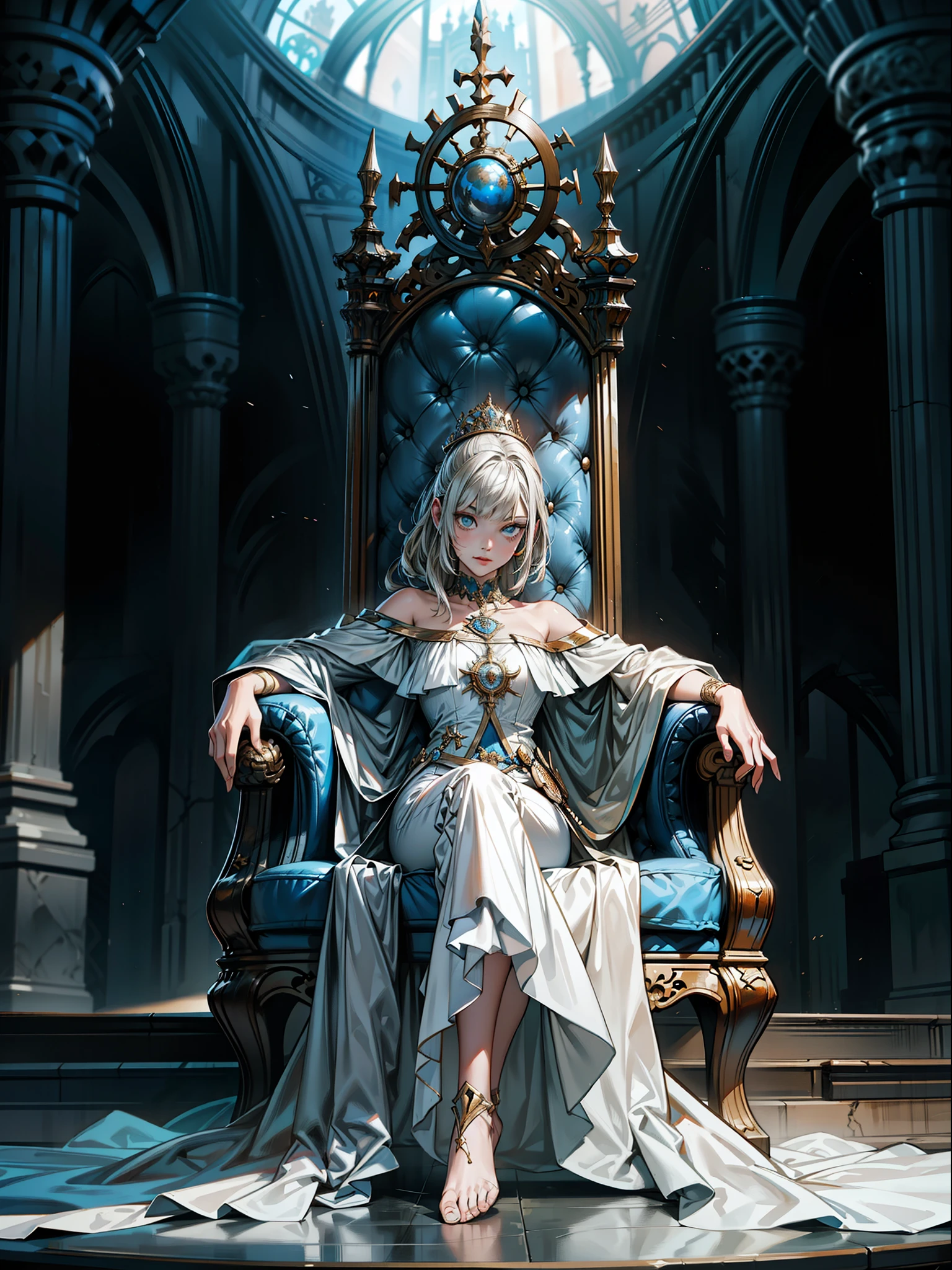 Girl on the castle throne, Detailed full body portrait, Mandy Jurgens (Mandy Jurgens) Realistic paintings created, Figurative Art, A detailed description, Realistically, A work of art, contour, Crossed feet