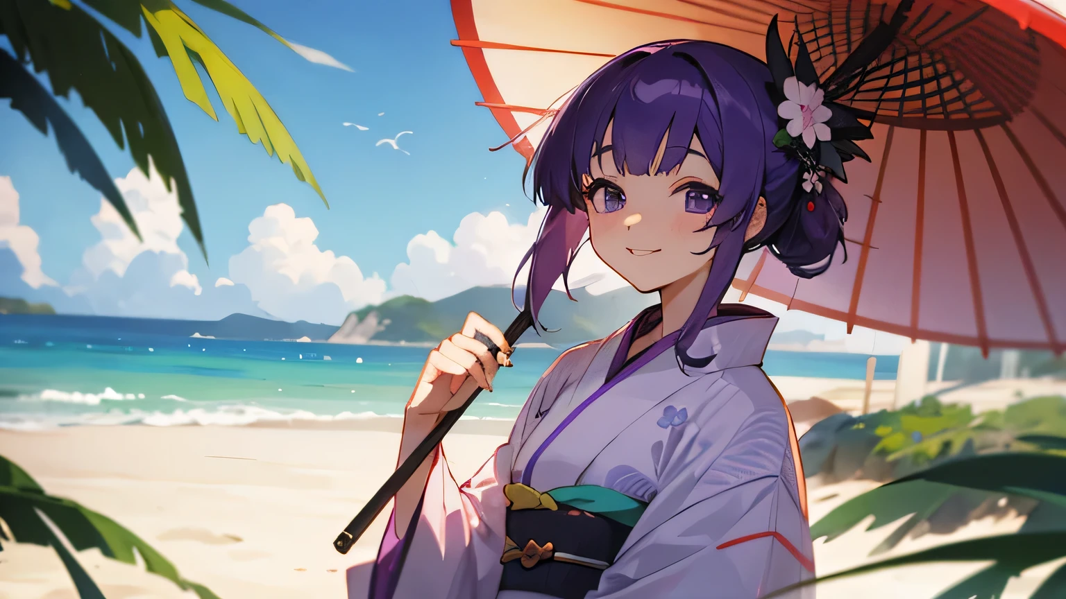 summer, beach, kimono, purple hair, smile, japanese girl