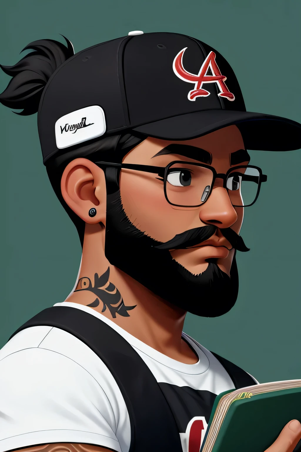 ((masterpiece,cartoon,children book,Gaming logo)) 1 man , low beard, eyesglases, balck front alabama hat, light dark skin, arm tattoos, large ear headphones around neck , black shirt, background colors white, looking front.