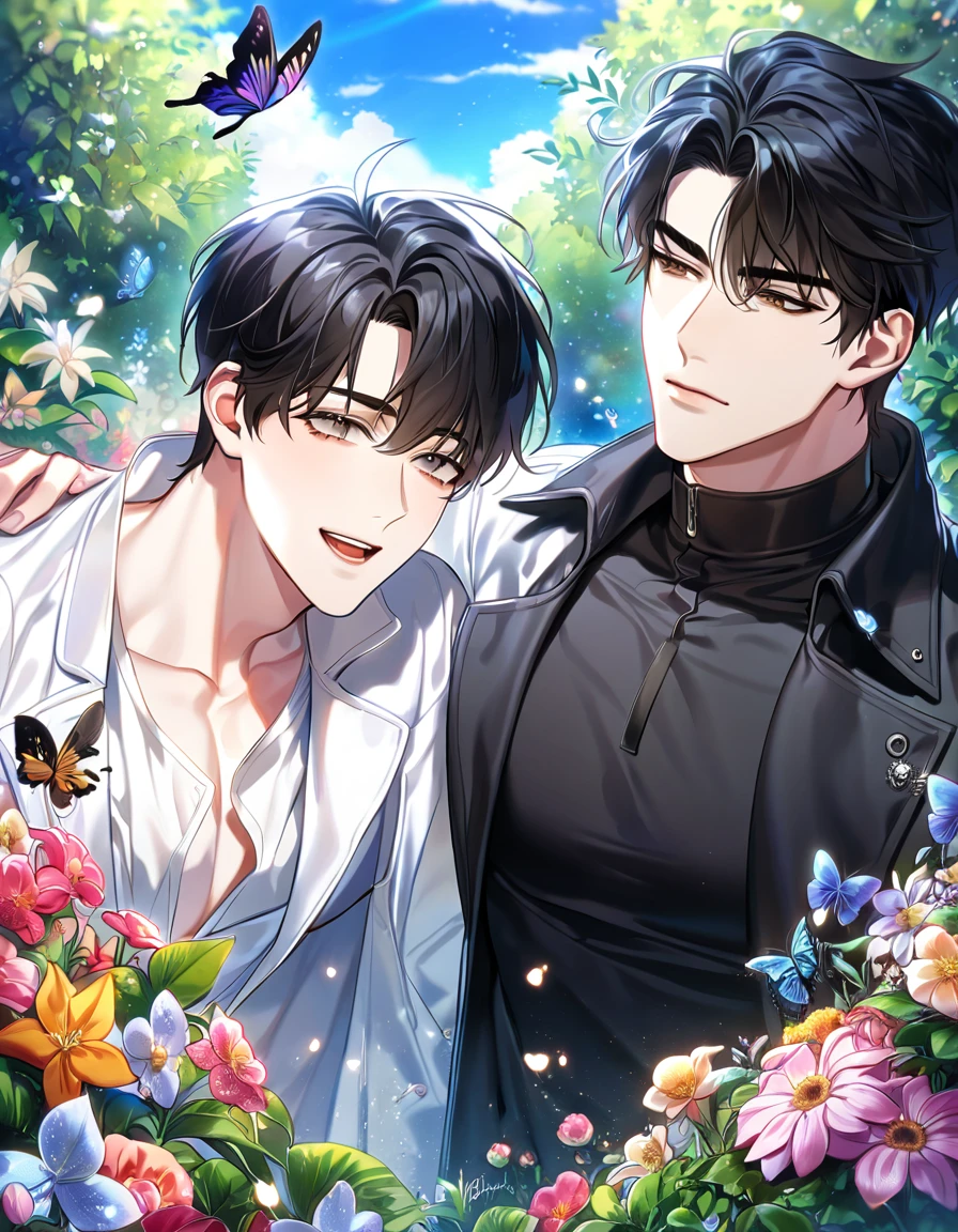 absurdres, highres, ultra detailed, HDR, master piece, best quality, extremely detailed face, delicated features, Kim Dokja & Yoo Joonghyuk, black hair, expressive gray eyes, Omniscient Reader's Viewpoint, black hair, expressive brown eyes, two sexy men together, yaoi, gay couple,handsome, black coat, white coat, fantasy, magical, butterflies, summer, green leaves, flowers, garden, blue sky, joongdok