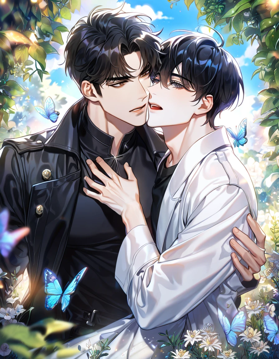 absurdres, highres, ultra detailed, HDR, master piece, best quality, extremely detailed face, delicated features, Kim Dokja & Yoo Joonghyuk, black hair, expressive gray eyes, Omniscient Reader's Viewpoint, black hair, expressive brown eyes, two sexy men together, yaoi, gay couple,handsome, black coat, white coat, fantasy, magical, butterflies, summer, green leaves, flowers, garden, blue sky, joongdok