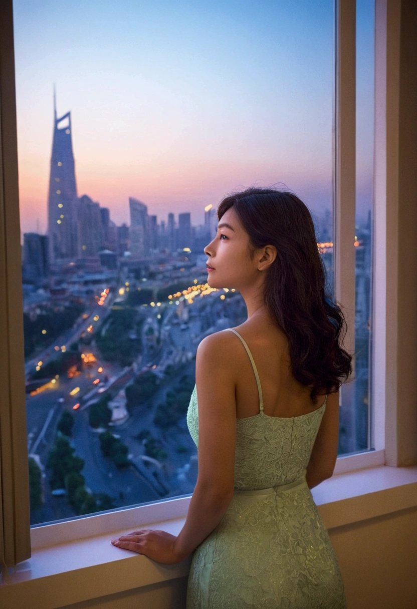 Create an image from an interior angle, A woman has a thoughtful look on her face as she looks out the window at the cityscape。. You should be able to see the city outside., Illuminated by street lights and neon signs. Use the software, Pastel colors and subtle gradations create a dreamy look., Reflective atmosphere. Ensuring a comfortable and relaxing interior, Creates an overall calm atmosphere.Looking out the window。
