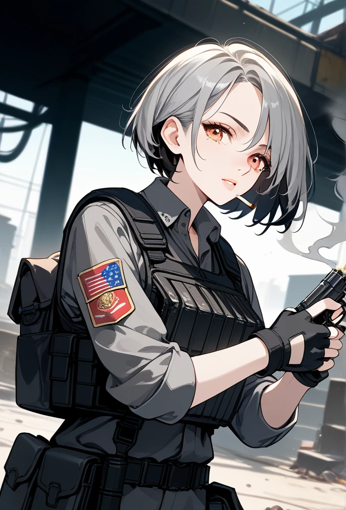 masterpiece, best quality, mature woman, short hair, (buzzcut hair), gray hair, evil eyes, amber eyes, glossy lips, mature face, sharp expression, operative clothing, bulletproof vest, tactical vest, fingerless gloves, holding pistol, abandoned building, smoking a cigarette