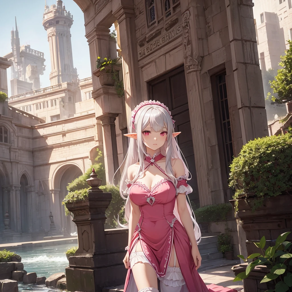 A mature woman with long silver hair and straight bangs,elf ear,red eye,wearing a pink sexy fancy maid dress,scenery is beautiful behind her, aesthetic art.