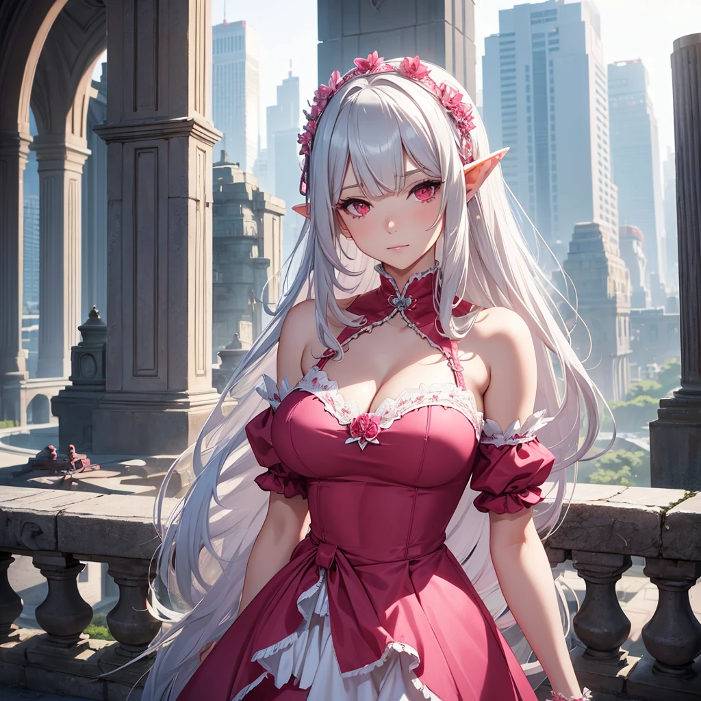 A mature woman with long silver hair and straight bangs,elf ear,red eye,wearing a pink sexy fancy maid dress,scenery is beautiful behind her, aesthetic art.