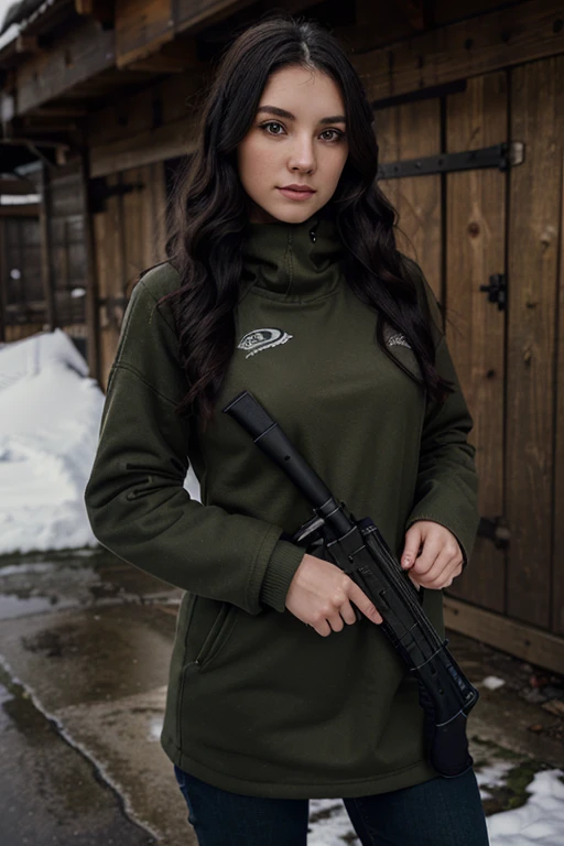 25 year old woman, green eyes, black wavy hair. Woman wearing winter clothes. Female hunter with a .22 caliber. Female hunter in winter clothes with a .22 rifle