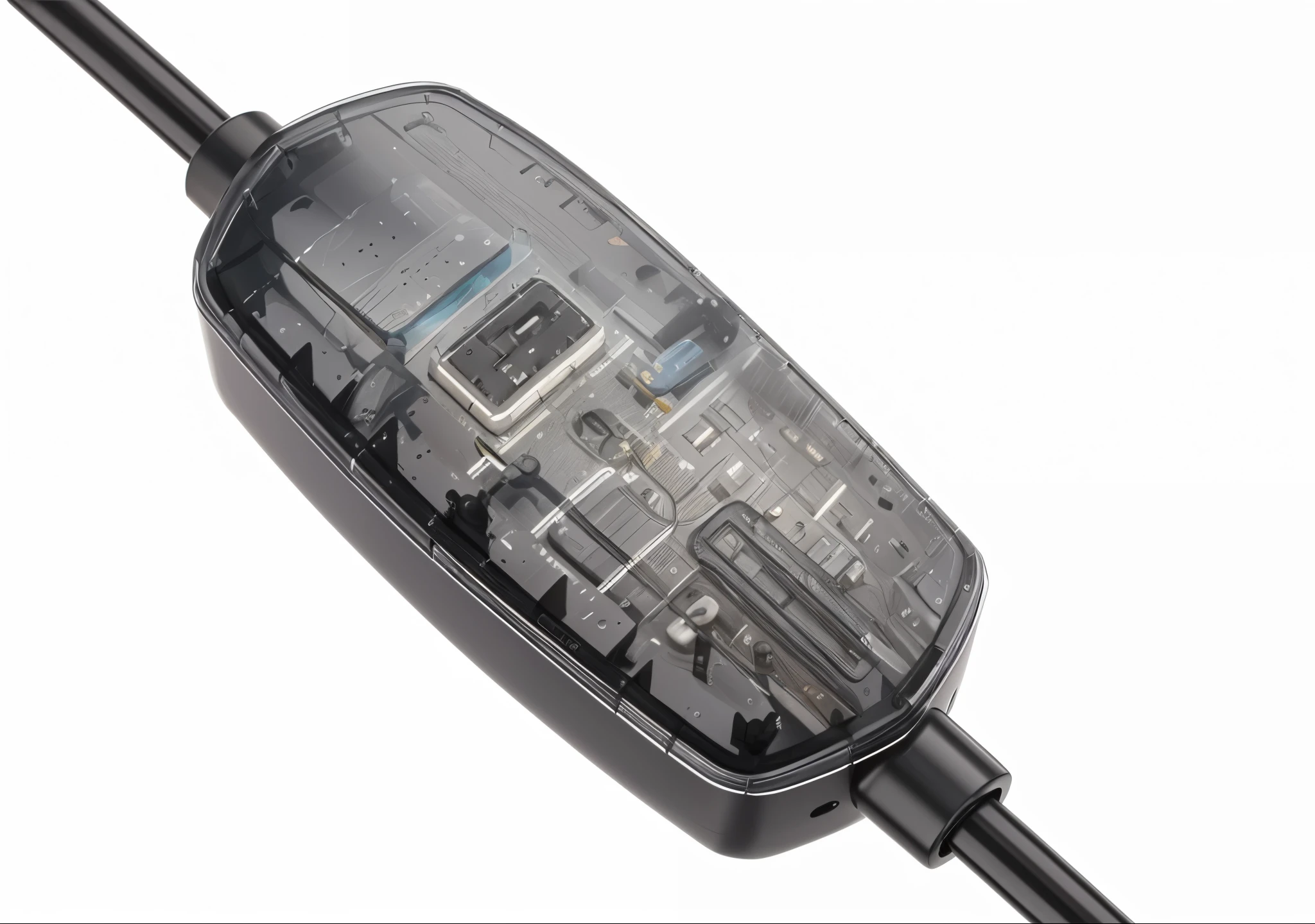 A black plastic electric power strip with transparent material, viewed from a top angle against a white background, in the style of industrial product design and photography, with high detail, studio lighting, rendered in 3D with an OC renderer at high resolution.