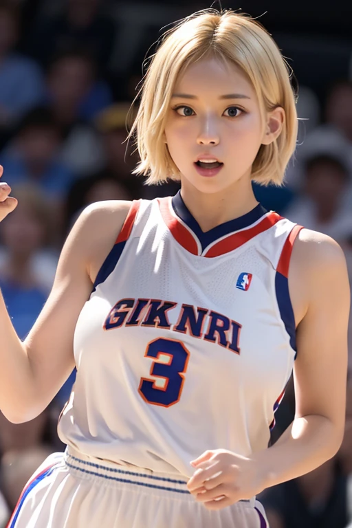 Basketball Uniform、(Highest quality, High resolution, Realistic, to be born, 8k,masterpiece, ),(Audience friendly)、Shoot from the front、Highest quality, masterpiece8k.High resolution. High resolutionabsurdres:1.2,Lens flare, (Bright colors:1.2), (delicate), (Sensual)、Japanese、blonde、short hair、Black choker