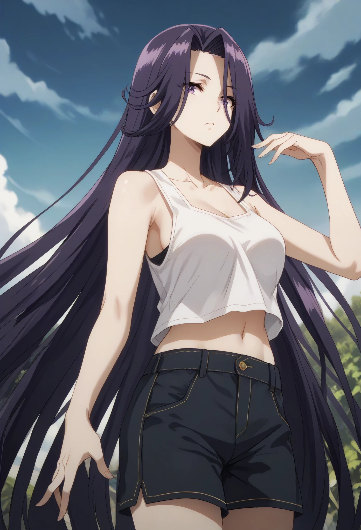 aurora,tall woman, long hair, purple hair, very long hair, purple eyes,white tank top,midriff,navel,black shorts
