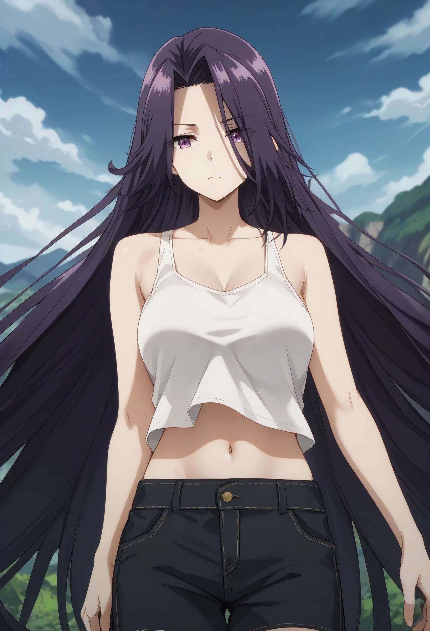 aurora,tall woman, long hair, purple hair, very long hair, purple eyes,white tank top,midriff,navel,black shorts
