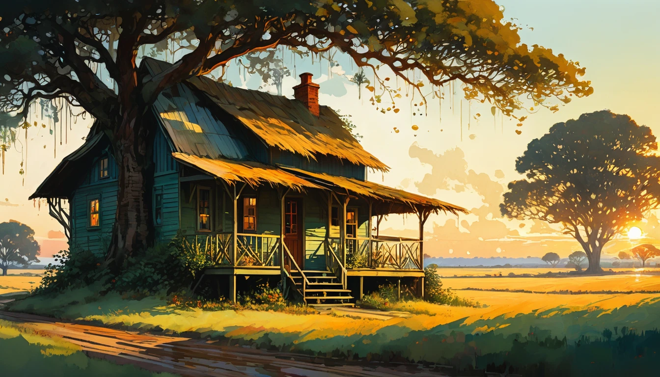 Cartoon watercolor & Oil painting illustration,显示Sunset前草原上的茅草屋顶村庄,The cabin is the main component, Liam King Style, peaceful, 2D Game Art, Ultra-high-definition images, vibrant hues, Pixelated landscape:: Cartoon watercolor & Paintings by Joseph Ann Leanderke & Shepard Fairley & James Jean & Anders Zorn & Jeremy Mann & Alphonse Mucha, Thatched roof village in Savannah,There are acacia trees, Motion Graphics, flowerpunk, Afropunk, Intricate details, Dynamic, 戏剧light, 后窗的light是背光, rake light, Vibrant colors:: Erin Hansen & Donato Giancora & Nicholas of Starr, Sunset, Thatched cottage village on the Savannah Plains, Large acacia tree, cumulus, Very detailed, light, Long Shadows, Saturation Contrast