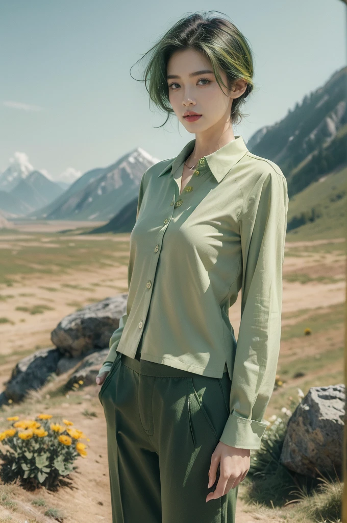 (((best quality))),(((ultra detailed))),(((masterpiece))),illustration,((1 beautiful girl,female soldier,solo)),(black short hair:1.2),((slim,thin)),((small breasts,thin)), vigorous, confident, (light green collared shirt:1.3), (dark green pants:1.2), simplicity, robustness, strong features, (vibrant colors:1.3), dynamic brushstrokes, glowing eyes, rebellious, sensible, (mountainous landscape:1.3), (vibrant flowers:1.3), elegance, unyielding spirit, youthful beauty, strength, resilience, adversity, challenges,((from front,upper body))