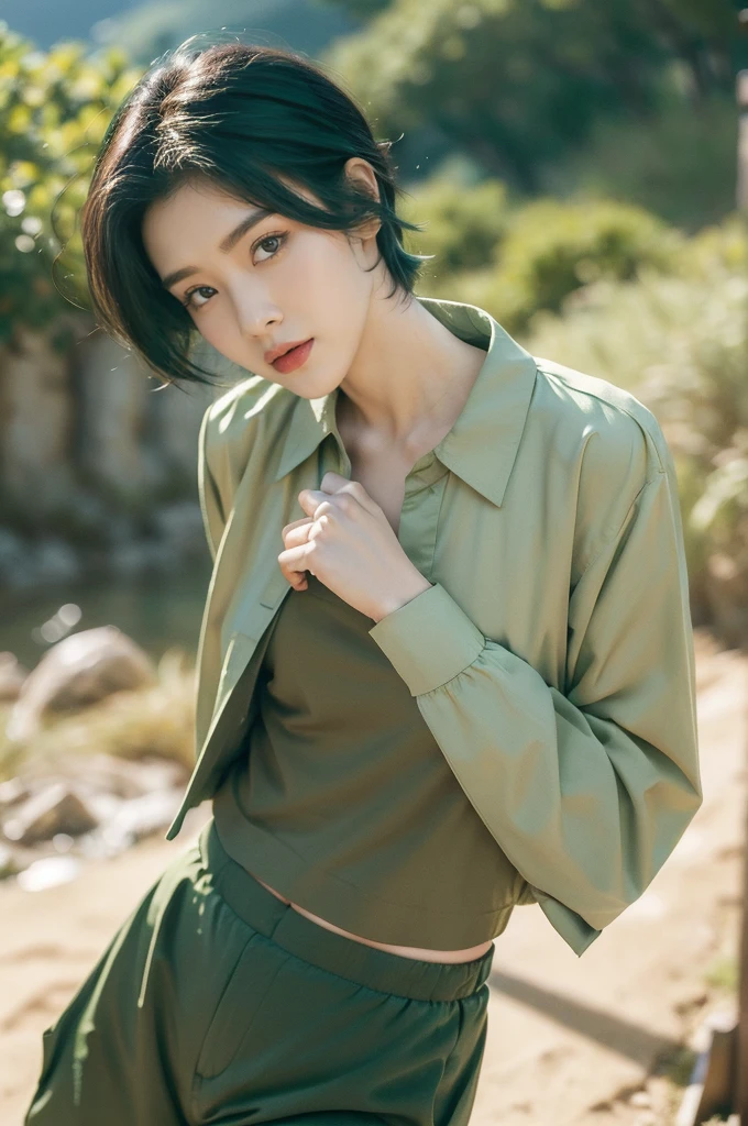 (((best quality))),(((ultra detailed))),(((masterpiece))),illustration,((1 beautiful girl,female soldier,solo)),(black short hair:1.2),((slim,thin)),((small breasts,thin)), vigorous, confident, (light green collared shirt:1.3), (dark green pants:1.2), simplicity, robustness, strong features, (vibrant colors:1.3), dynamic brushstrokes, glowing eyes, rebellious, sensible, (mountainous landscape:1.3), (vibrant flowers:1.3), elegance, unyielding spirit, youthful beauty, strength, resilience, adversity, challenges,((from front,upper body))