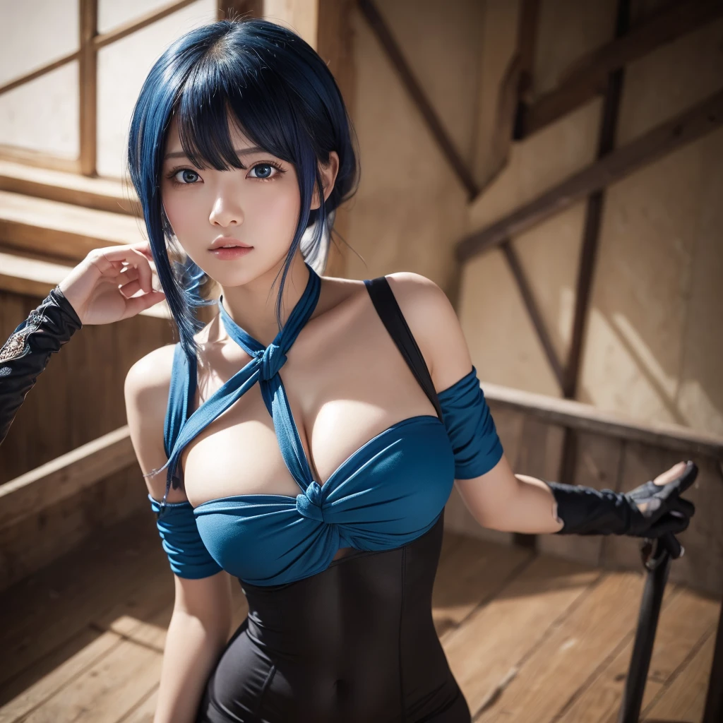 (photoRealistic:1.4), (masterpiece, Side light, Beautiful, detailed eyes: 1.2), masterpiece*Portraiture, Realistic, 3D Face, 
Hired \(Genshin Impact\), One girl, Ahoge, architecture, bangs, Exposing shoulders, Bell, black gloves, Black Pantyhose, (Blue Hair), blush, chest, Chinese knot, Removable sleeves, Flower knot, gloves, horn, Long Hair, View your viewers, medium chest, neck Bell 裸