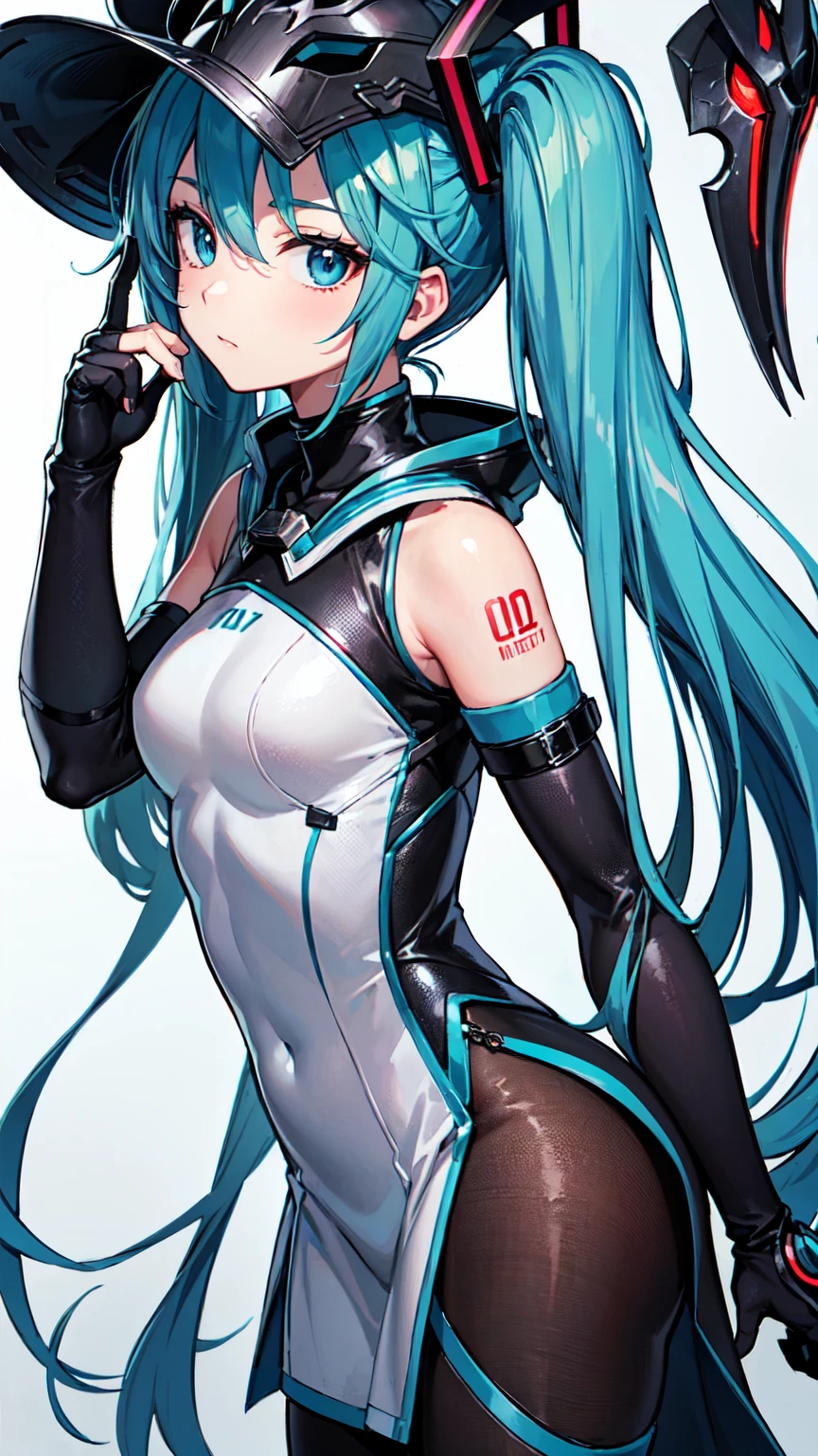 Hatsune Miku VOCALOID, Twin tails, Light blue hair, Light blue eyes, ((cloth)), ((armor))((Bone Mask)) (Skin with attention to detail: 1.2) Close-up of a woman wearing a hat and mask, infinity blade concept art, infinity blade armor, Shoulder Armor, concept art of a warrior, character from mortal kombat, 8 time, Digital SLR, Soft Light, high quality, Film Texture ((Amateur Photography)), White Background