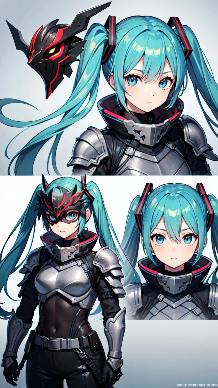 Hatsune Miku VOCALOID, Twin tails, Light blue hair, Light blue eyes, ((cloth)), ((armor))((Bone Mask)) (Skin with attention to detail: 1.2) Close-up of a woman wearing a hat and mask, infinity blade concept art, infinity blade armor, Shoulder Armor, concept art of a warrior, character from mortal kombat, 8 time, Digital SLR, Soft Light, high quality, Film Texture ((Amateur Photography)), White Background