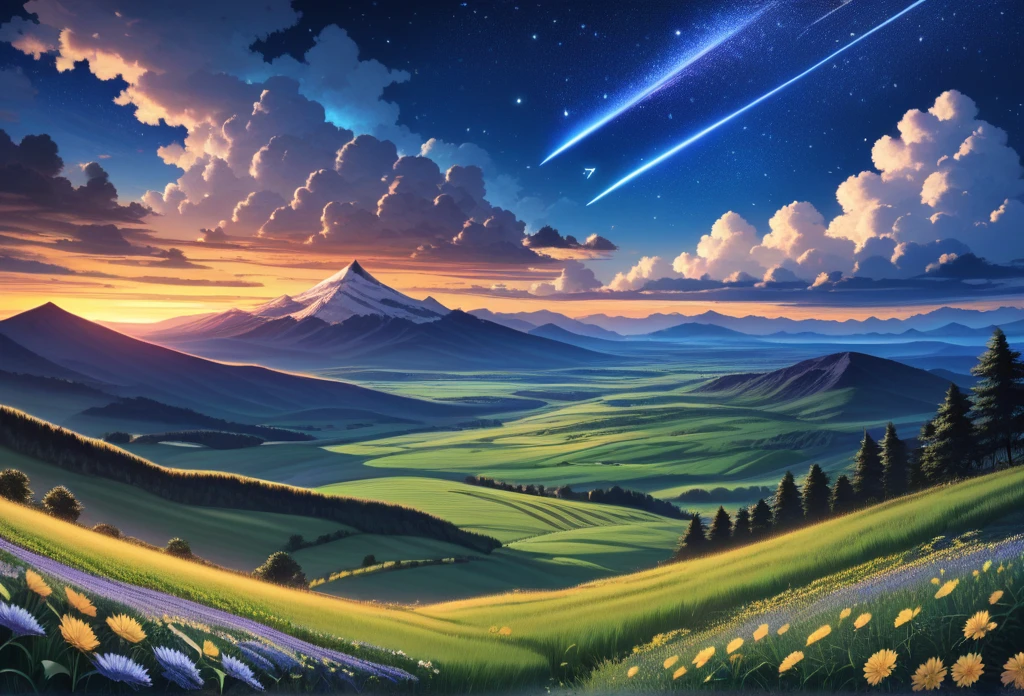 score_9, score_8_up, score_7_up, source_anime, rating_safe, scenery, outdoors, sky, cloud, (no humans), star \(sky\), mountain, mountainous horizon, flower, starry sky, grass, landscape, shooting star, nature, tree, blue sky, sunset, cloudy sky, field, night, night sky, plant, hill, evening, cumulonimbus cloud, very aesthetic, absurdres, detailed background, scr33nc@p, 