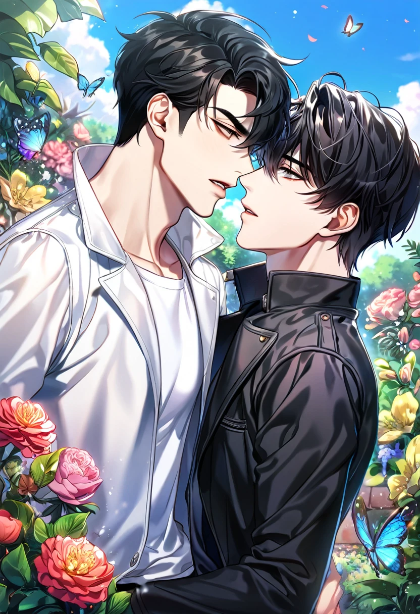 absurdres, highres, ultra detailed, HDR, master piece, best quality, extremely detailed face, delicated features, Kim Dokja & Yoo Joonghyuk, black hair, expressive gray eyes, Omniscient Reader's Viewpoint, black hair, expressive brown eyes, two sexy men together, yaoi, gay couple,handsome, black coat, white coat, fantasy, magical, butterflies, summer, green leaves, flowers, garden, blue sky, joongdok