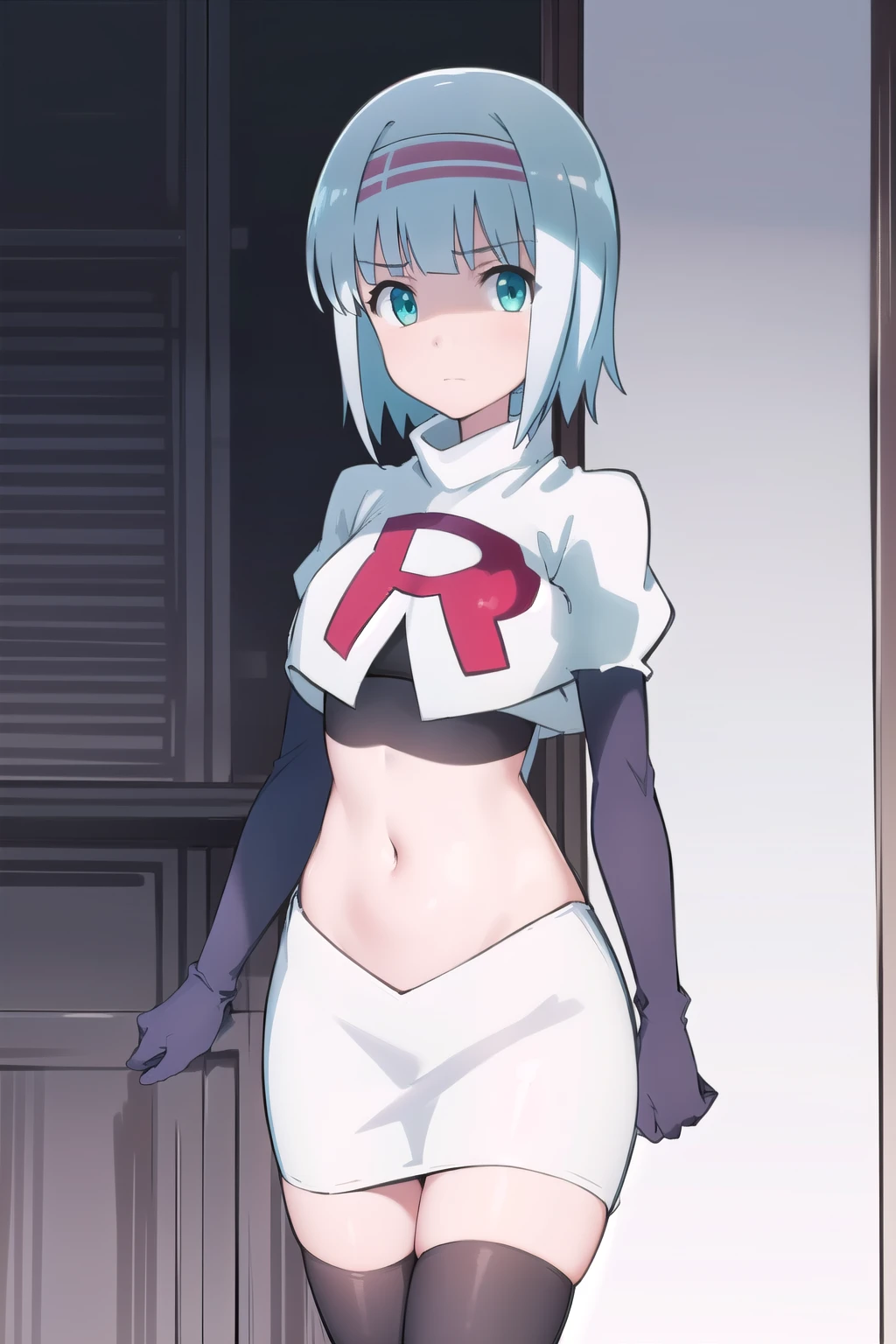 solo, 1girl, looking at viewer, 2D, anime, anime coloring, (simple background, solid white background:1.3), linze silhoueska, team rocket,team rocket uniform,white skirt,red letter R,crop top,black thigh-highs,black elbow gloves