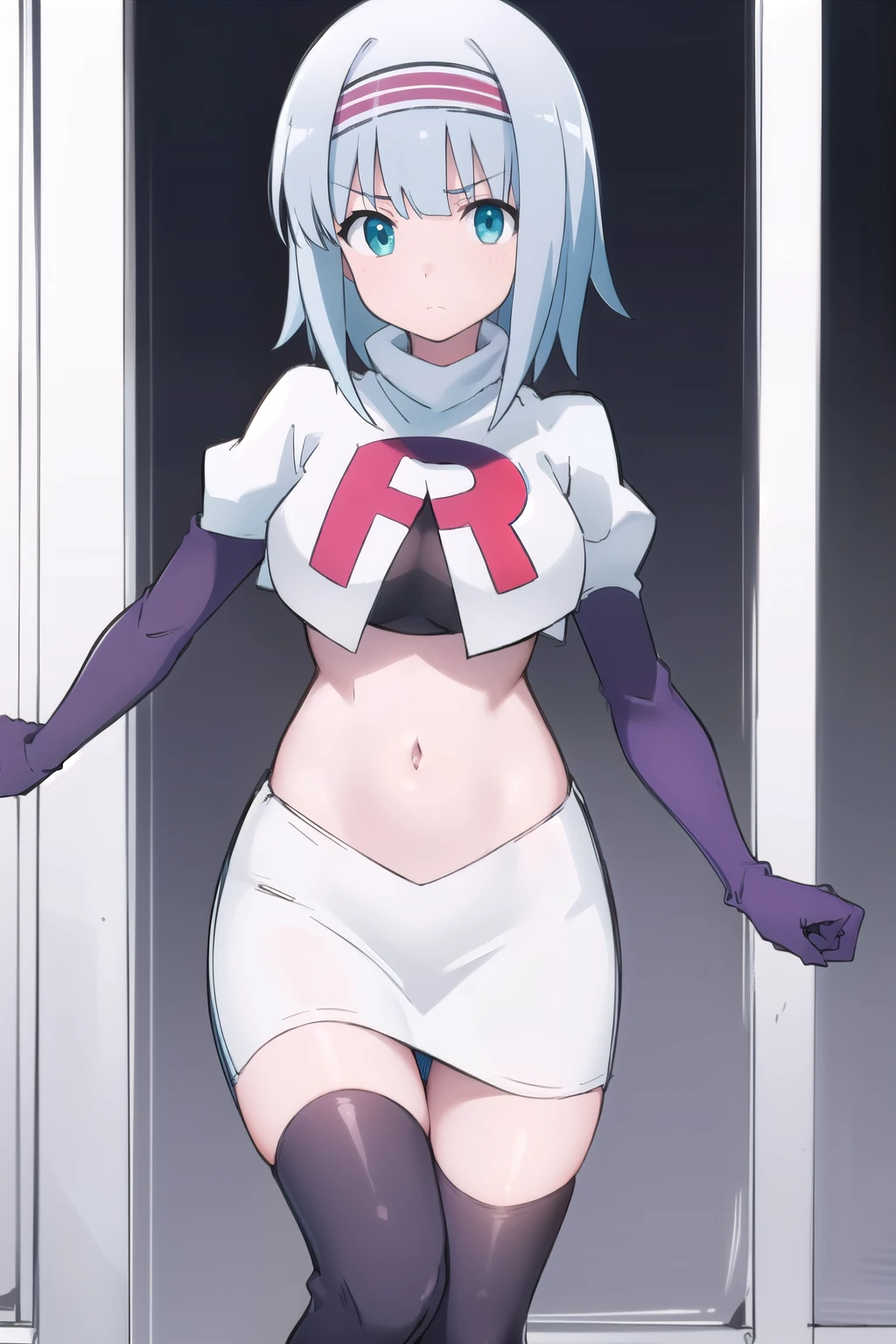 solo, 1girl, looking at viewer, 2D, anime, anime coloring, (simple background, solid white background:1.3),  linze silhoueska, team rocket,team rocket uniform,white skirt,red letter R,crop top,black thigh-highs,black elbow gloves